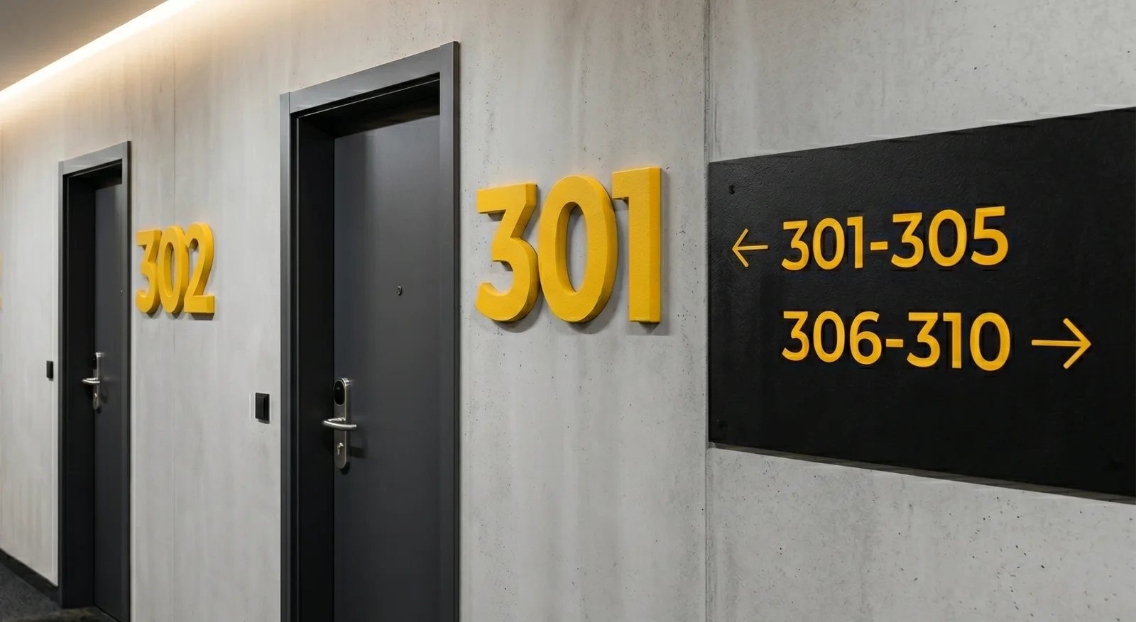 Oznakowanie klatki schodowej: żółte numery lokali 301 i 302 oraz tablica kierunkowa na betonowej ścianie