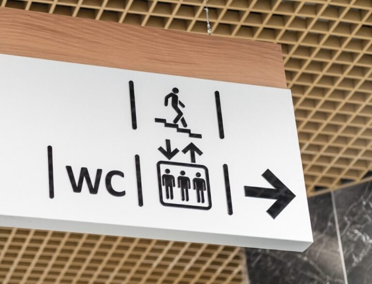 System informacji wizualnej – tablice kierunkowe z piktogramami WC, windy i strzałką kierunkową