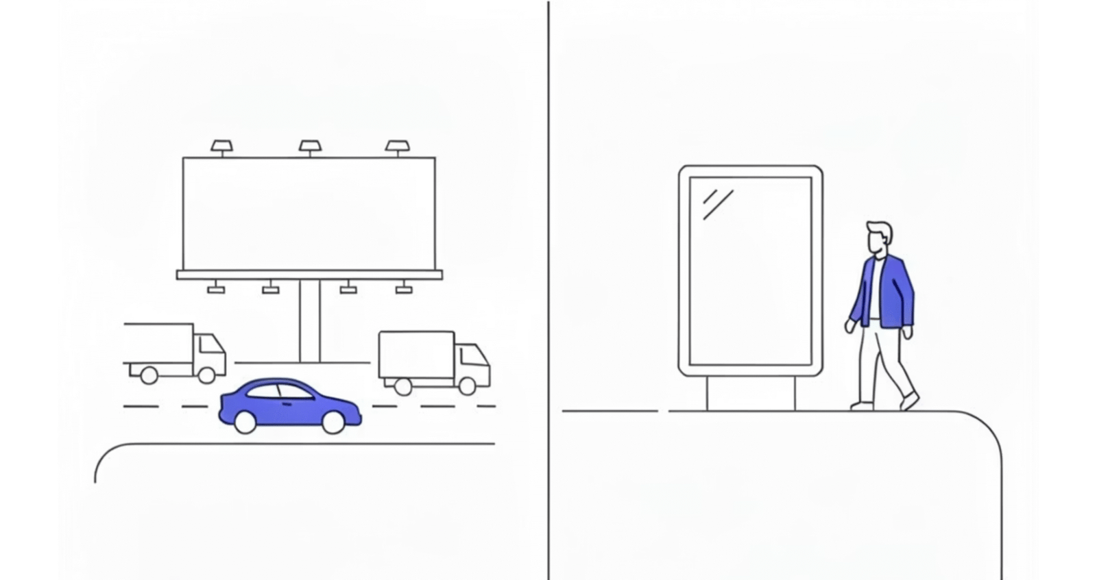 Ilustracja porównująca billboard i citylight jako dwa formaty outdoorowe, które obejmuje skuteczna reklama dla deweloperów