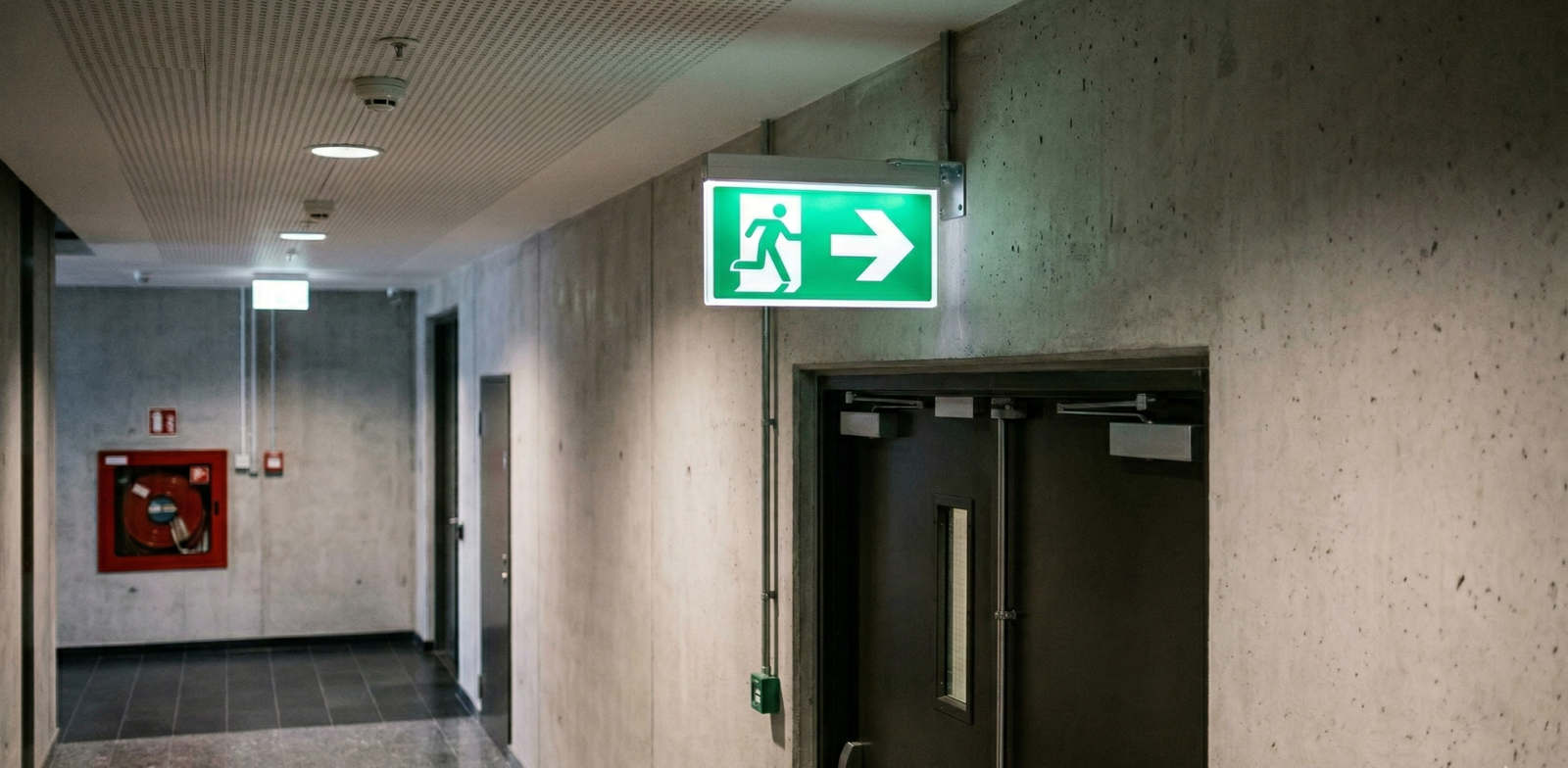 Zielony znak w korytarzu przedstawiający oznakowanie ewakuacyjne ze strzałką w lewo i symbolem biegnącego człowieka."
