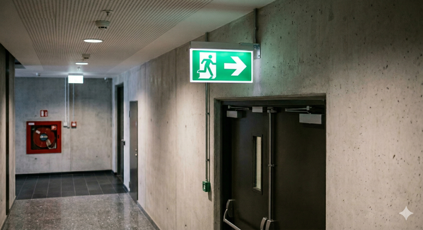 Zielony znak w korytarzu przedstawiający oznakowanie ewakuacyjne ze strzałką w lewo i symbolem biegnącego człowieka."